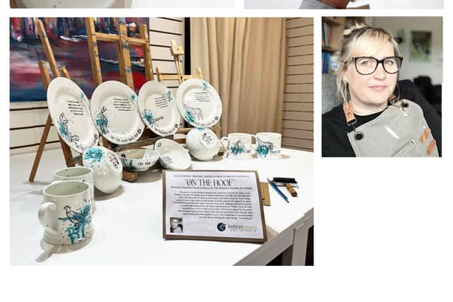 Melton artist Kathryn Saunby and some of the unique pottery she has designed and created for the iconic Ye Olde Pork Pie Shoppe