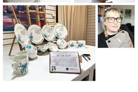 Melton artist Kathryn Saunby and some of the unique pottery she has designed and created for the iconic Ye Olde Pork Pie Shoppe