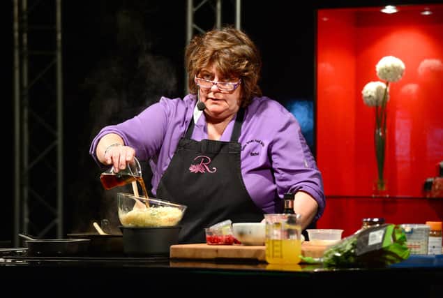 Rachel Green gives a cooking demo at Melton Mowbray Food Festival in 2016