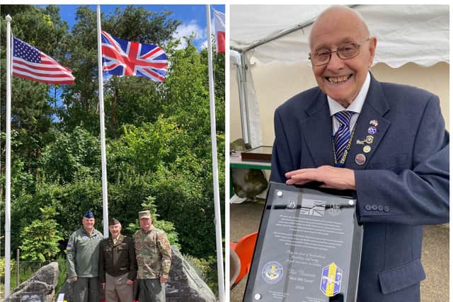 Ray Bennett (right) of Saltby Airfield History Group with the commemorative plaque presented by Col Tucker and (left) American military visitors pay their respects at the Saltby war memorial; from left, Col Tucker, Col Vlahos and 314th Command Chief Cameron Davis