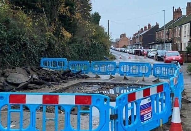 The roadworks on Saxby Road last week after the first water pipe burst