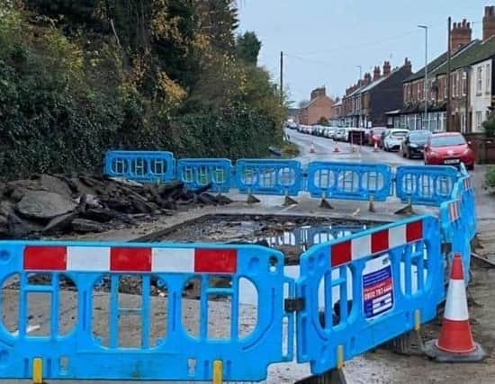The roadworks on Saxby Road last week after the first water pipe burst