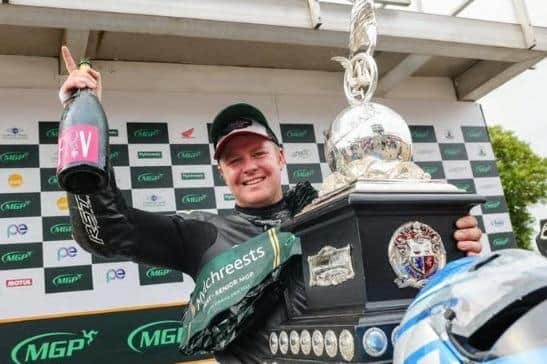 Melton Mowbray race ace Daniel Ingham pictured 2024 after he finally achieved a dream that had been seven years in the making when he won the Mylchreests Group Senior Manx Grand Prix race in the Isle of Man