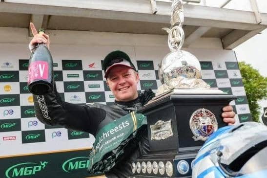 Melton Mowbray race ace Daniel Ingham pictured 2024 after he finally achieved a dream that had been seven years in the making when he won the Mylchreests Group Senior Manx Grand Prix race in the Isle of Man