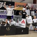 Bruno Battams celebrates winning the age 6 and under category at the ISF (International Scooter Federation) Youth World Championships at Corby