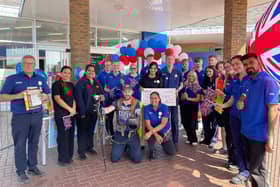 Chris McDowell visits staff at the Melton Mowbray Tesco store during his 500-mile charity challenge
