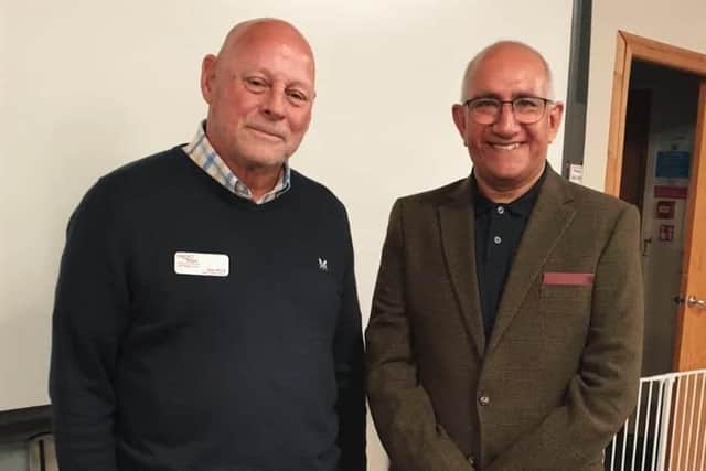 Melton Mowbray prostate cancer support group co-founder Bob White (left) with Lord Lieutenant of Leicestershire, Mike Kapur OBE at a group meeting
