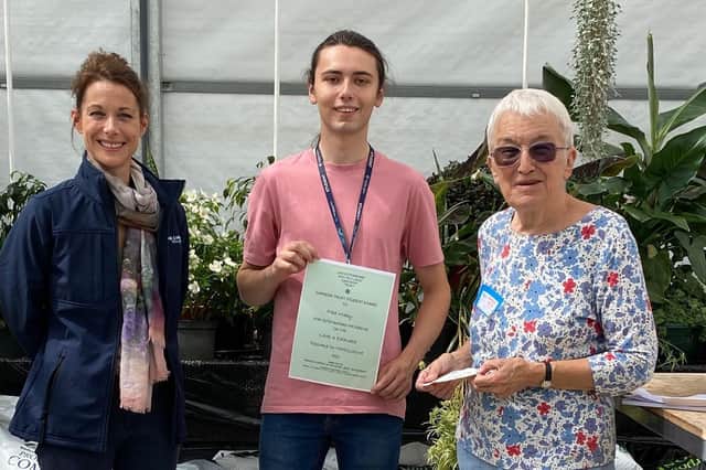 Brooksby Melton College student Fred Mobey is presented with his horticulture award by Sue Blaxland (right), from the Leicestershire and Rutland Gardens Trust, with SMB College lecturer Elizabeth Hammond also pictured