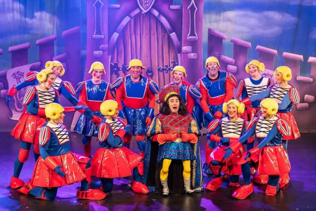 Lord Farquaad with the Duloc Dolls in a scene from Shrek: The Musical at Melton Theatre
