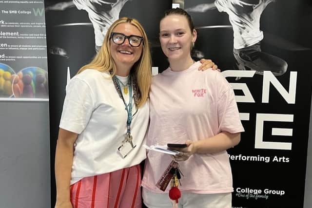 A performing arts student at the Melton campus of Loughborough College Group receives her exam result