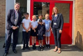 MP for Melton and Syston, Mr Ed Argar and Executive Head Teacher, Hannah Roddy, with pupils