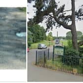 The entrance to Melton's Egerton Park and the car park surface at the cricket club (left) before it was repaired