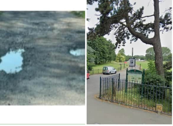 The entrance to Melton's Egerton Park and the car park surface at the cricket club (left) before it was repaired