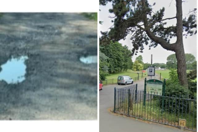 The entrance to Melton's Egerton Park and the car park surface at the cricket club (left) before it was repaired