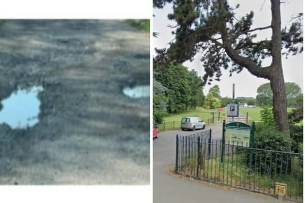 The entrance to Melton's Egerton Park and the car park surface at the cricket club (left) before it was repaired