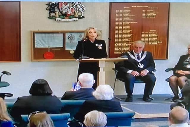 Deputy Lord Lieutenant of Leicestershire, Anne Davies, speaks at the Melton ceremony for the new King