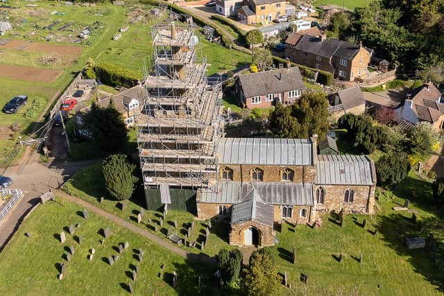 Scaffolding erected around St Denys Church at Eaton as conservation work takes place DRONE PIC: Melton and around from ABOVE Steely DRONE