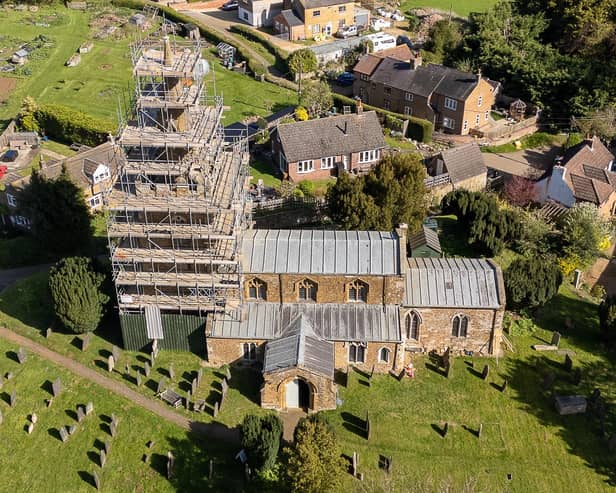 Scaffolding erected around St Denys Church at Eaton as conservation work takes place DRONE PIC: Melton and around from ABOVE Steely DRONE