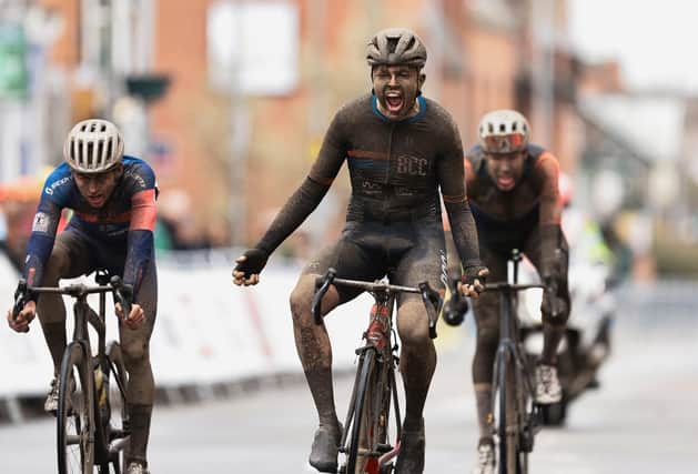 A mud-spattered Ben Marsh wins the Junior CiCLE Classic in Melton today
PHOTO BRITISH CYCLING