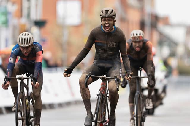 A mud-spattered Ben Marsh wins the Junior CiCLE Classic in Melton today
PHOTO BRITISH CYCLING