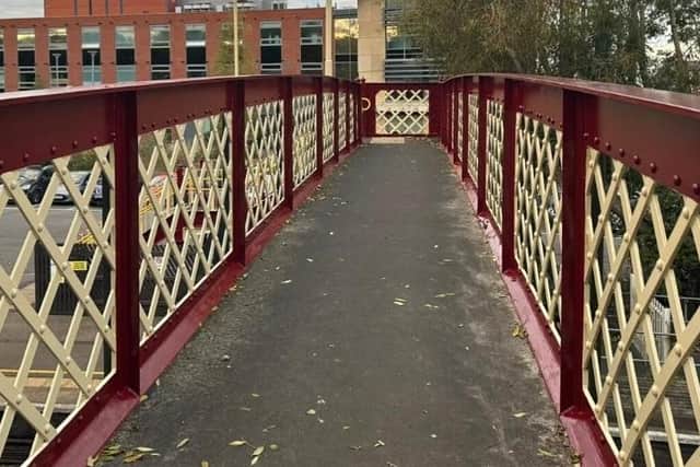 The refurbished footbridge at Melton Mowbray railway station