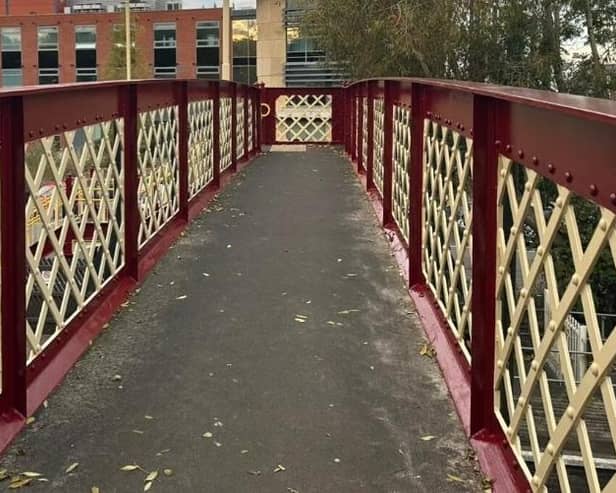 The refurbished footbridge at Melton Mowbray railway station