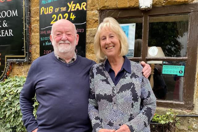Jeff and Carol Evans outside the Stilton Cheese Inn at Somerby, which they've run since 1994