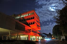 Leicestershire County Council's Glenfield HQ lit up red last year for Remembrance and the Poppy Appeal