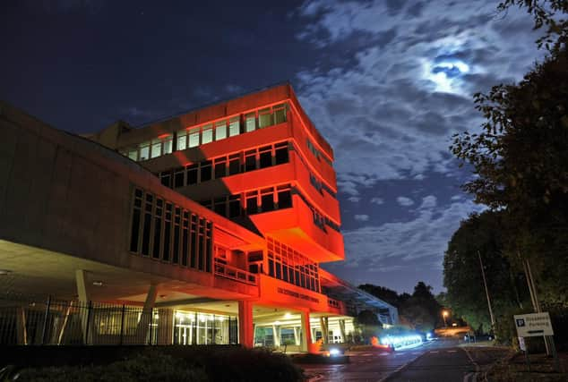 Leicestershire County Council's Glenfield HQ lit up red last year for Remembrance and the Poppy Appeal