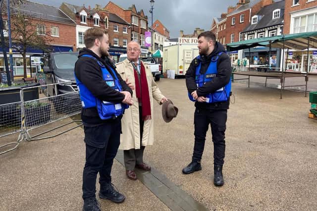Leicestershire Police and Crime Commissioner Rupert Matthews chats to the new security officers patrolling Melton on a trial basis