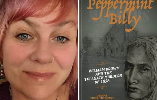 Joanne Vigor-Mungovin and the cover of her new book on the Peppermint Billy murders