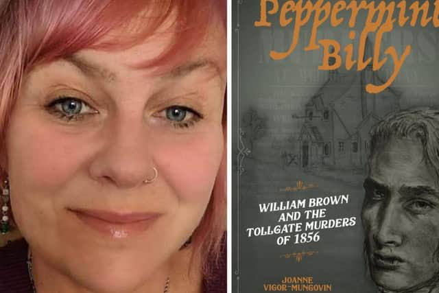 Joanne Vigor-Mungovin and the cover of her new book on the Peppermint Billy murders