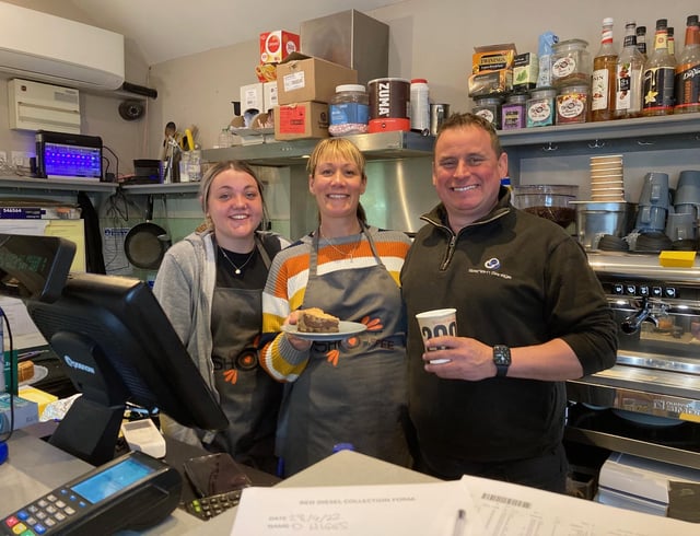Owner Adam Davies and Louise Rigley in the shop and cafe at Stathern Garage with staff member Megan Gray (left)