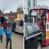 The St George's Day Parade makes its way through Market Place, Melton, on Sunday, and (right) St George on the Melton Mowbray Round Table’s Santa sleigh leads it through town