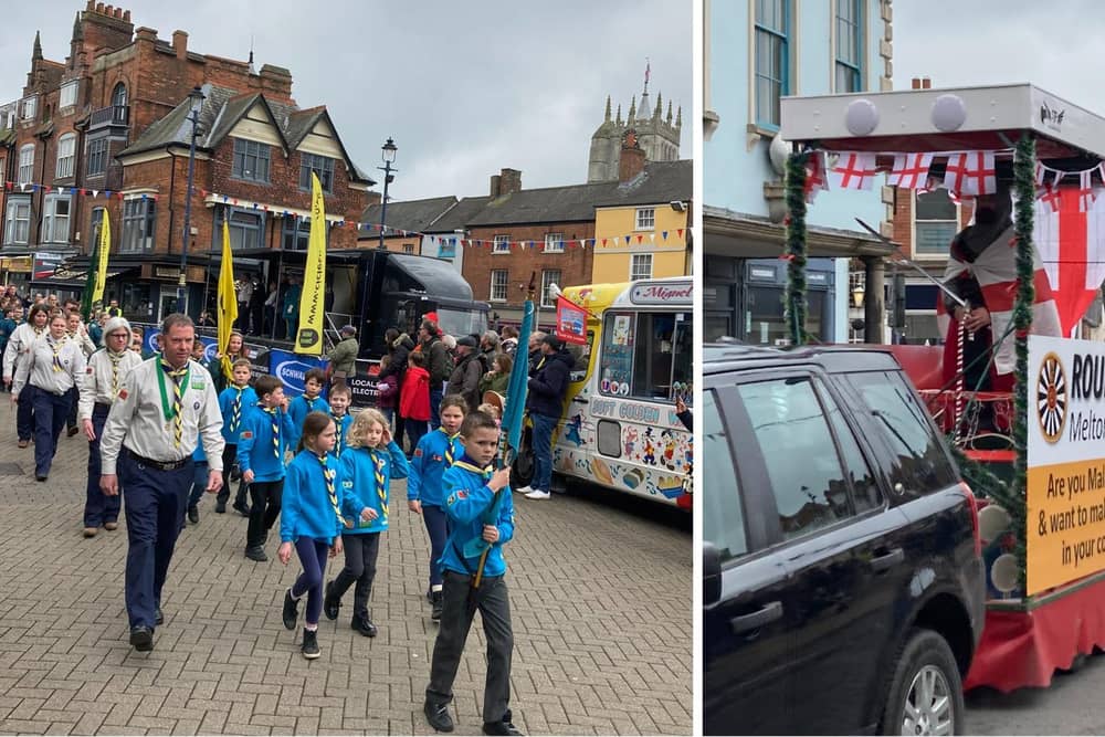The St George's Day Parade makes its way through Market Place, Melton, on Sunday, and (right) St George on the Melton Mowbray Round Table’s Santa sleigh leads it through town