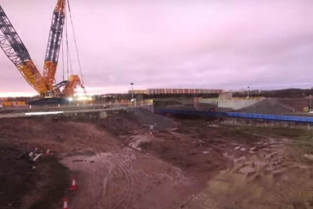 The giant NEMMDR rail bridge installed over the railway at Lag Lane