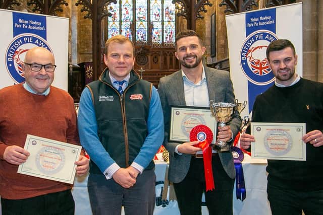 Richard Turner (second from right) - a candidate on the current series of BBC1's The Apprentice - scoops the award for Dessert Pie Class at the British Pie Awards in Melton