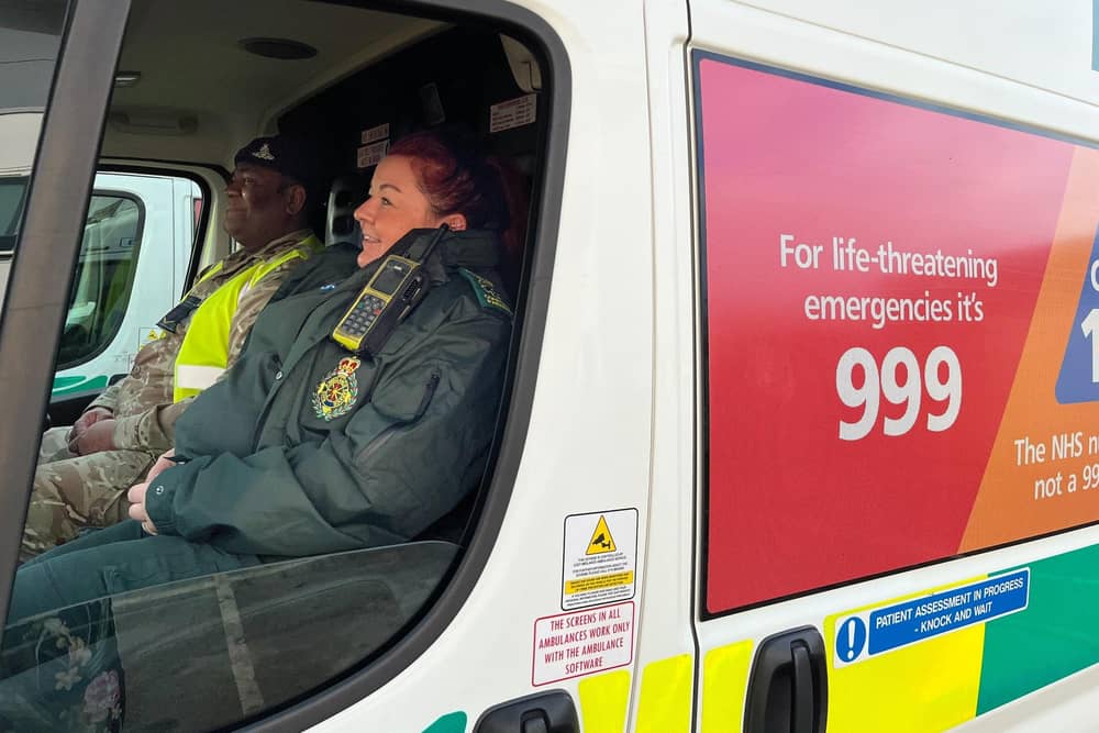 Lance Bombardier Rokotubuna, from the Motor Transport department, 19 Regiment Royal Artillery, based in Larkhill, and Kelly Botham, EMAS Clinical Tutor, crew an EMAS ambulance this week