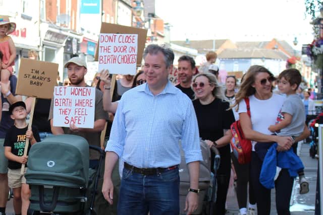 Edward Argar MP marching with campaigners in Melton Mowbray in support of St Mary's Birth Centre