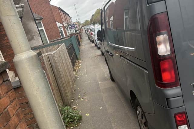 Tony Mee's photo showing a line of parked cars blocking the footpath on Thorpe Road