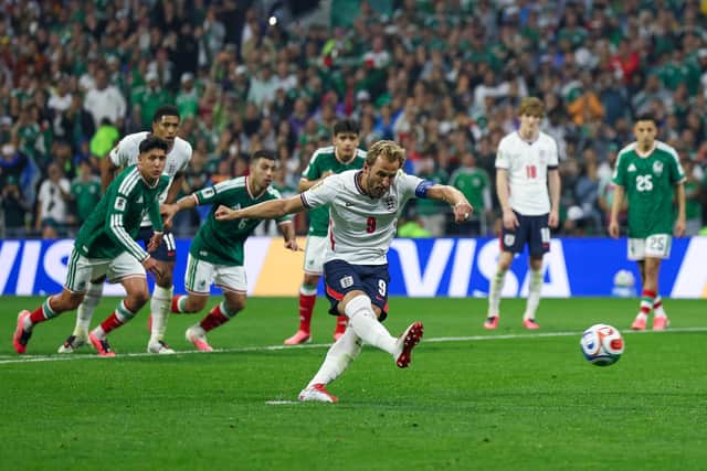 Harry Kane puts England 3-1 ahead from the penalty spot during the epic clash with Mexico (Photo by Francois Nel/Getty Images)