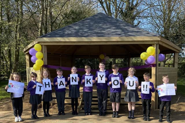 Ab Kettleby School pupils thank the fundraisers for their new outdoor classroom