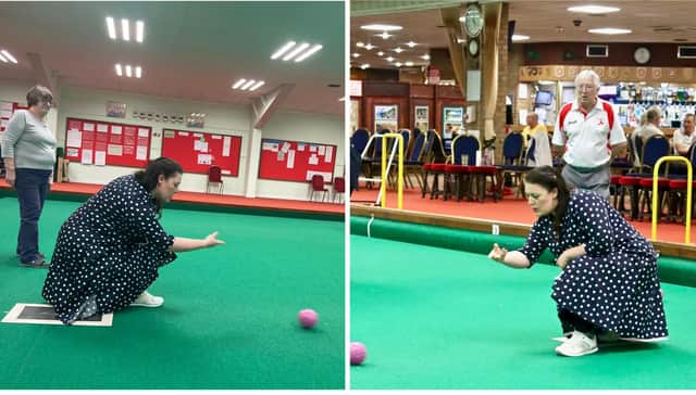 Melton MP Alicia Kearns tries her hand at bowls on her visit to Melton Indoor Bowls Club