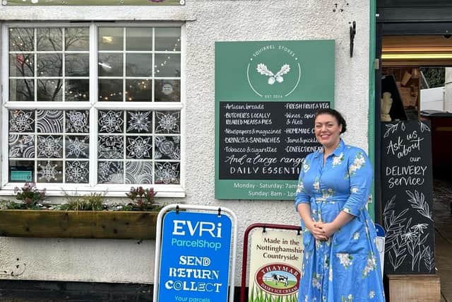 Local MP Alicia Kearns outside Squirrel Stores, at Long Clawson - winner of the Village Shop category in this year's independent local business awards