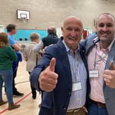 Melton Council leader Joe Orson celebrates being re-elected at Old Dalby with son, Simon, who was voted in at Long Clawson and Stathern for the first time