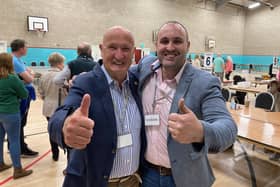 Melton Council leader Joe Orson celebrates being re-elected at Old Dalby with son, Simon, who was voted in at Long Clawson and Stathern for the first time