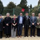 Attendees at Saturday morning's service in Memorial Gardens, from left: Amanda Fare (WRAF), Rev Nina Austin, Deputy Mayor Helen Cliff, Helen's husband Steven, Nick Pridden (British Legion), Gordon Watts (British Legion), Lyndsay Armer (British Legion), Paul Hing