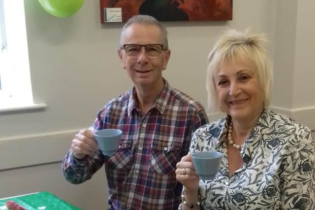 Enjoying a hot drink at a Macmillan coffee morning at Thorpe Arnold back in 2021