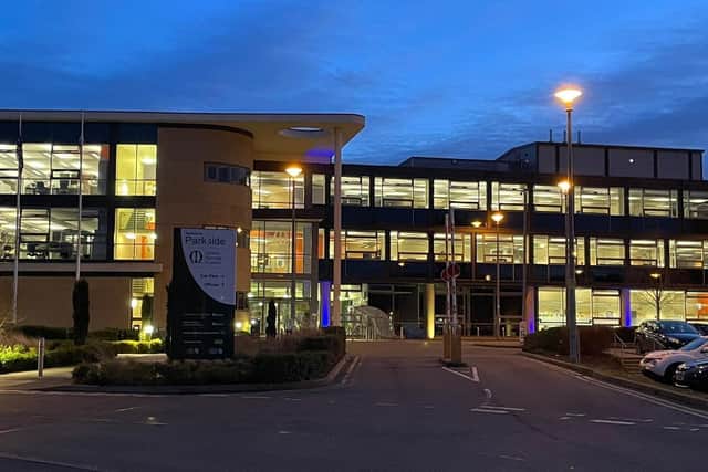 The Melton Borough Council offices lit up in the colours of the Ukraine flag to show solidarity with the nation's people