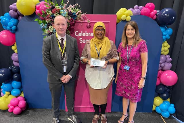 Pearson's Chris Turner, winner Zamzam Ali, and Loughborough College Principal and CEO Corrie Harris